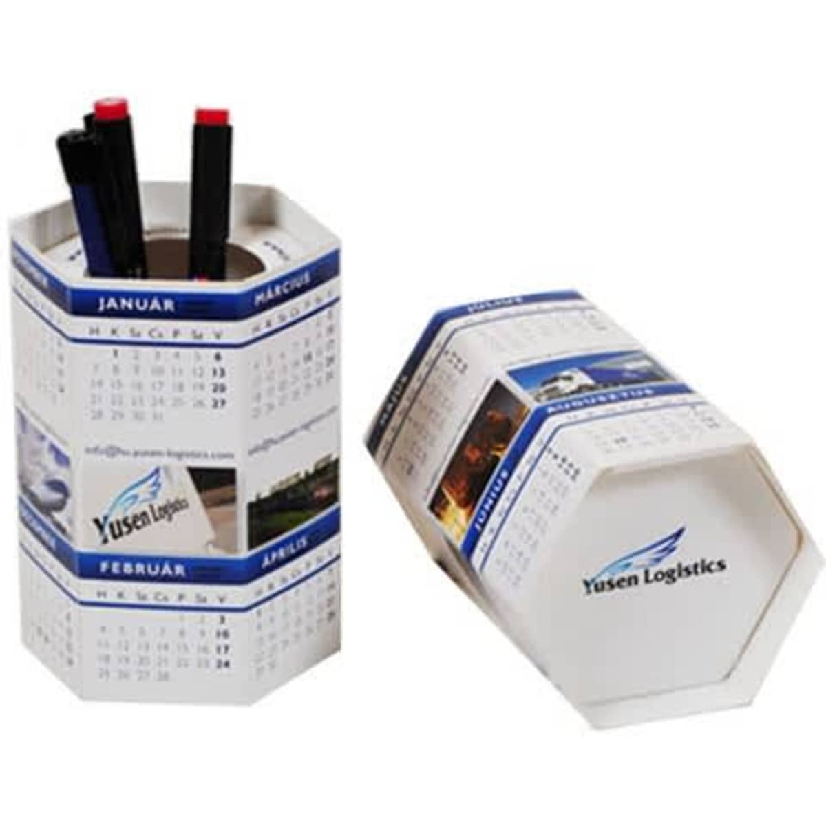 A hexagonal pen holder in white with blue accents and a logo, featuring calendar months around the sides.