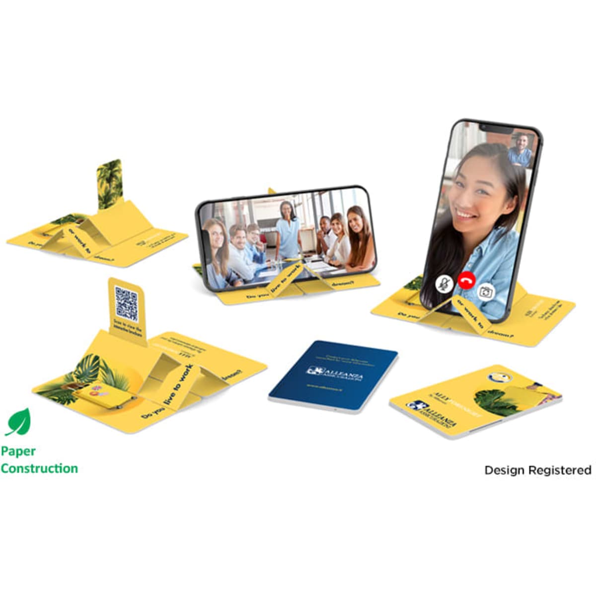 A yellow pop-up slider phone stand made of paper, displayed with various phone angles and a logo.