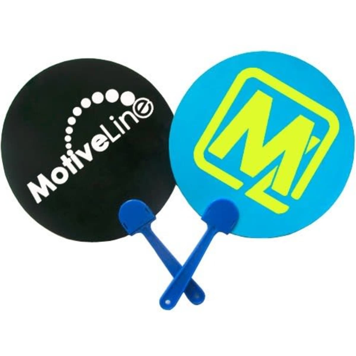 A pair of round hand fans featuring a black side with a logo and a blue side with a logo, both with blue handles.