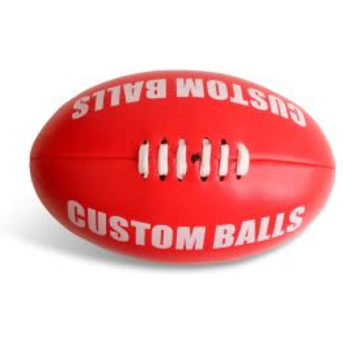 A red promotional size 5 footy ball featuring white text and a logo.