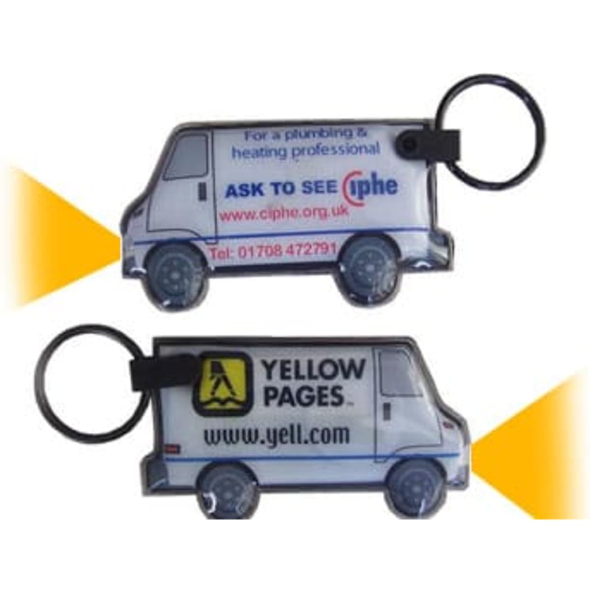 A promotional PVC keyring shaped like a van, featuring an LED light and logos on both sides.