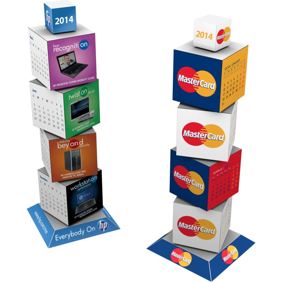 A revolving tower display featuring colourful panels with various designs and a base in blue. It includes a logo.