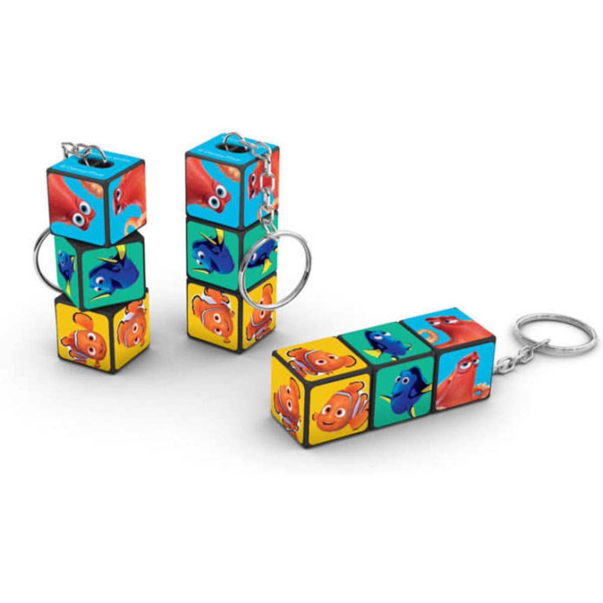 A Rubik's Block keyring featuring vibrant colours and character illustrations from an animated film, with a metal keychain loop.