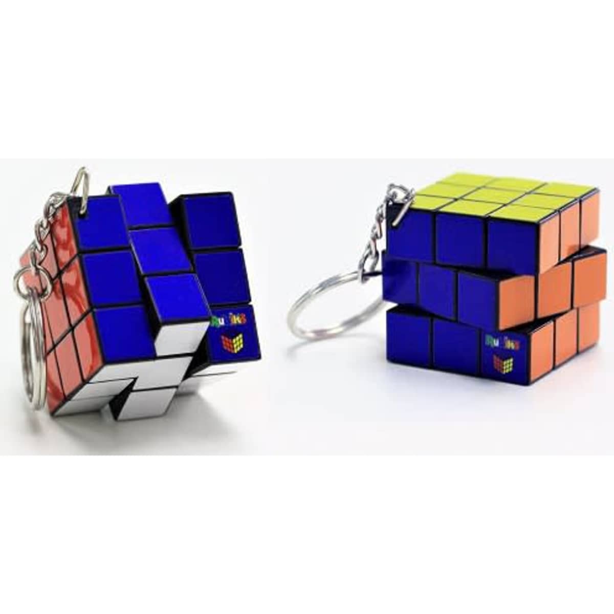 A Rubik's Cube keyring featuring blue, red, orange, green, and white squares with a keyring attachment and branding.