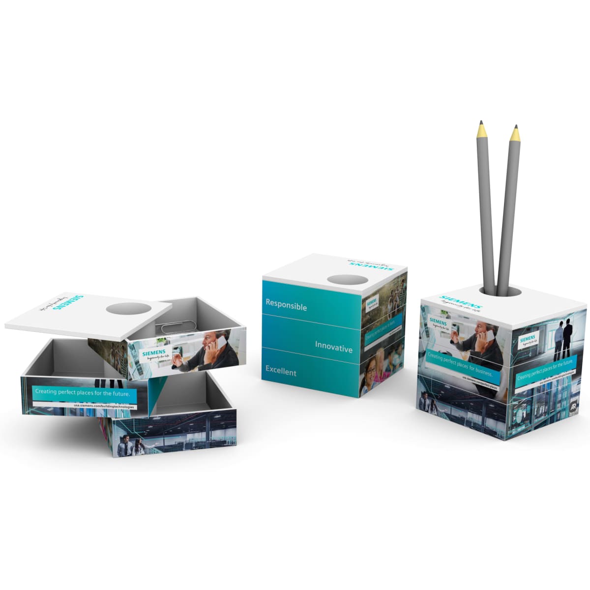 A three-dimensional stationery box in white and teal, featuring compartments for storage and a pencil holder on top.