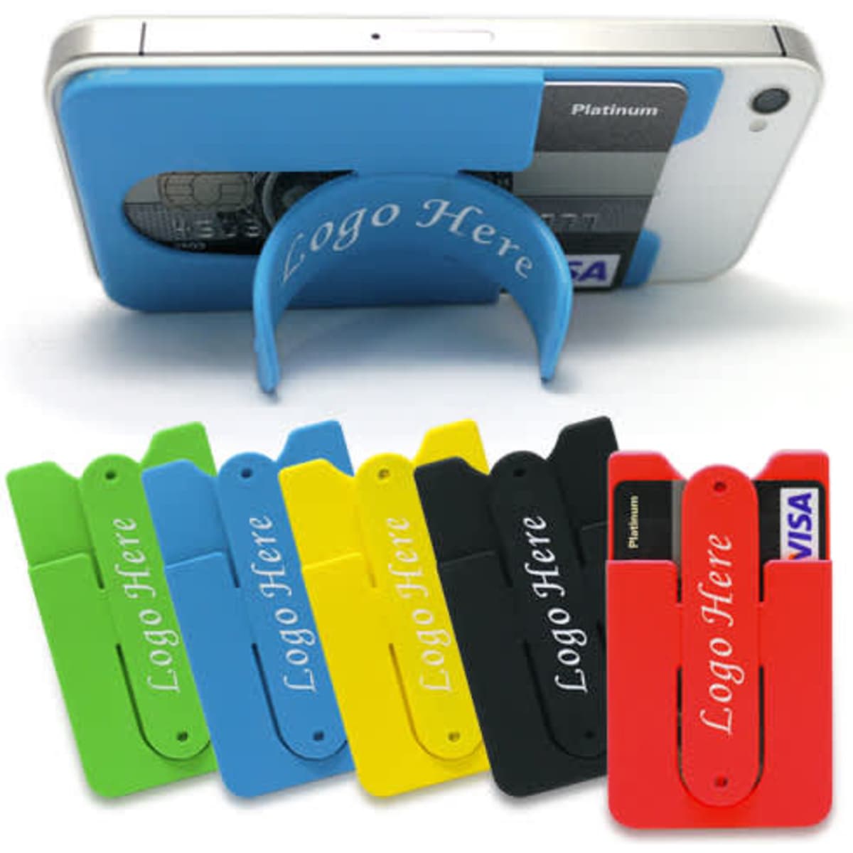 A variety of silicone mobile stands in blue, green, yellow, black, and red, each with a pocket for cards.