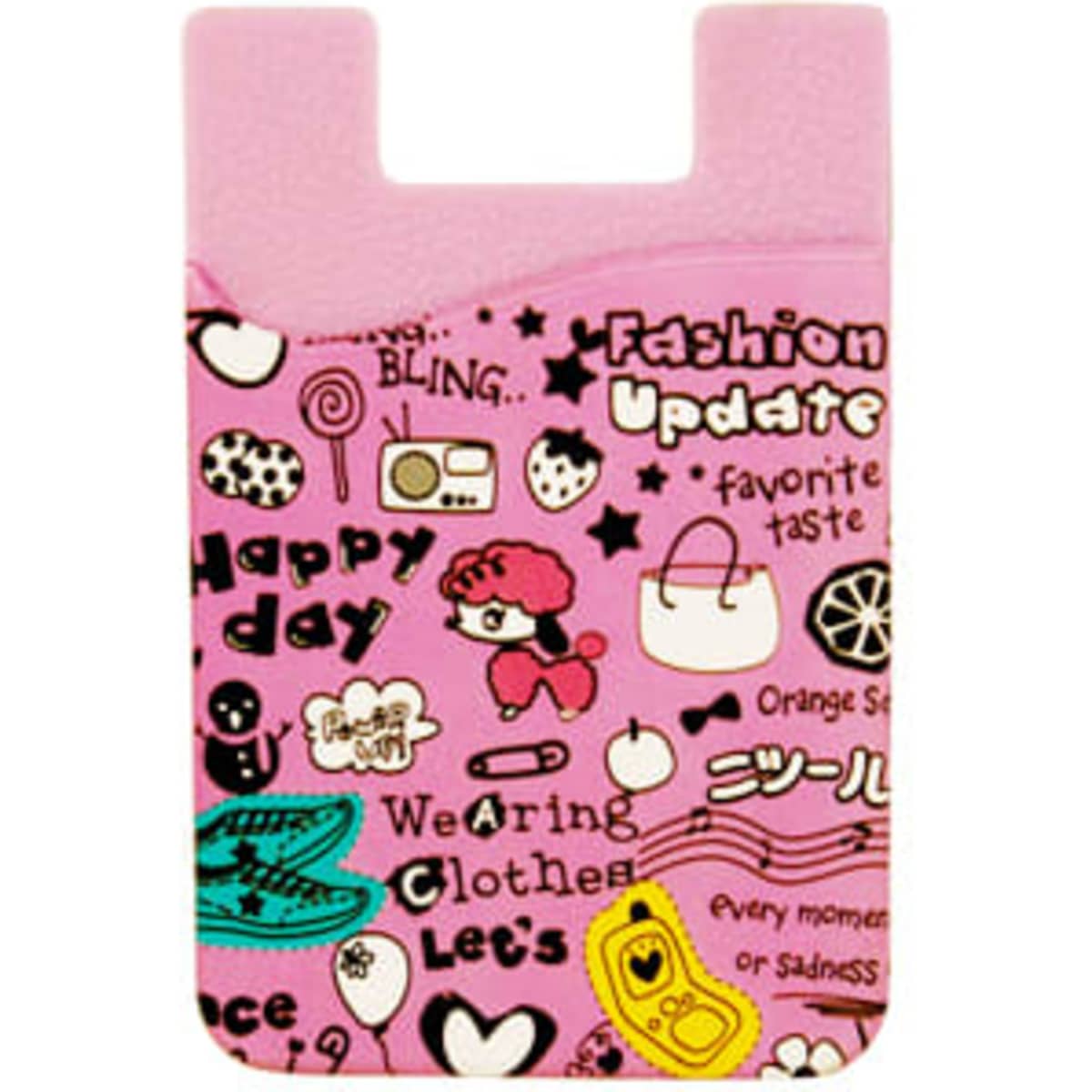 A pink silicone mobile phone pocket with colourful graphic designs and a logo. Suitable for attaching to a phone.