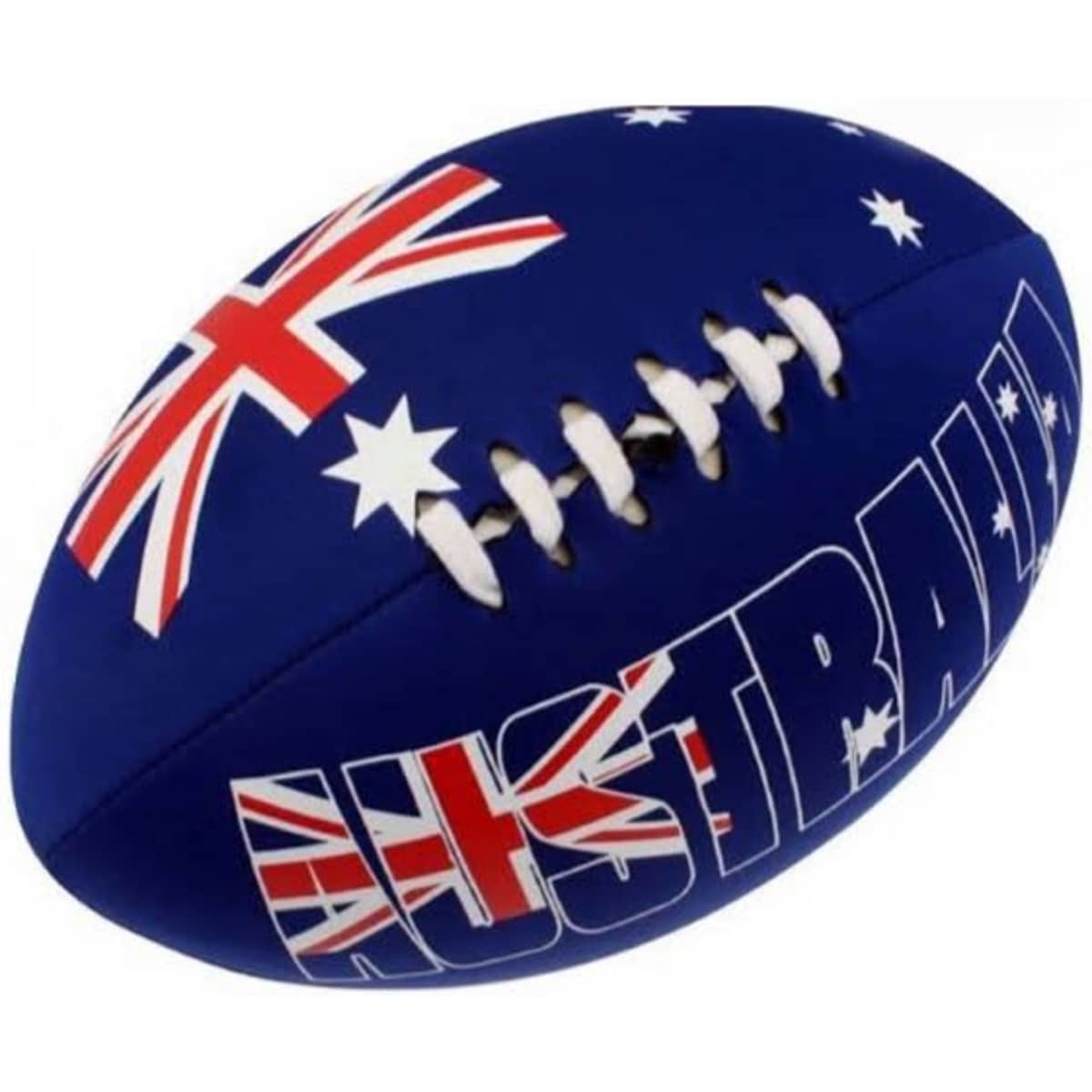 A small soft footy ball in blue featuring Australian flag designs and a logo.