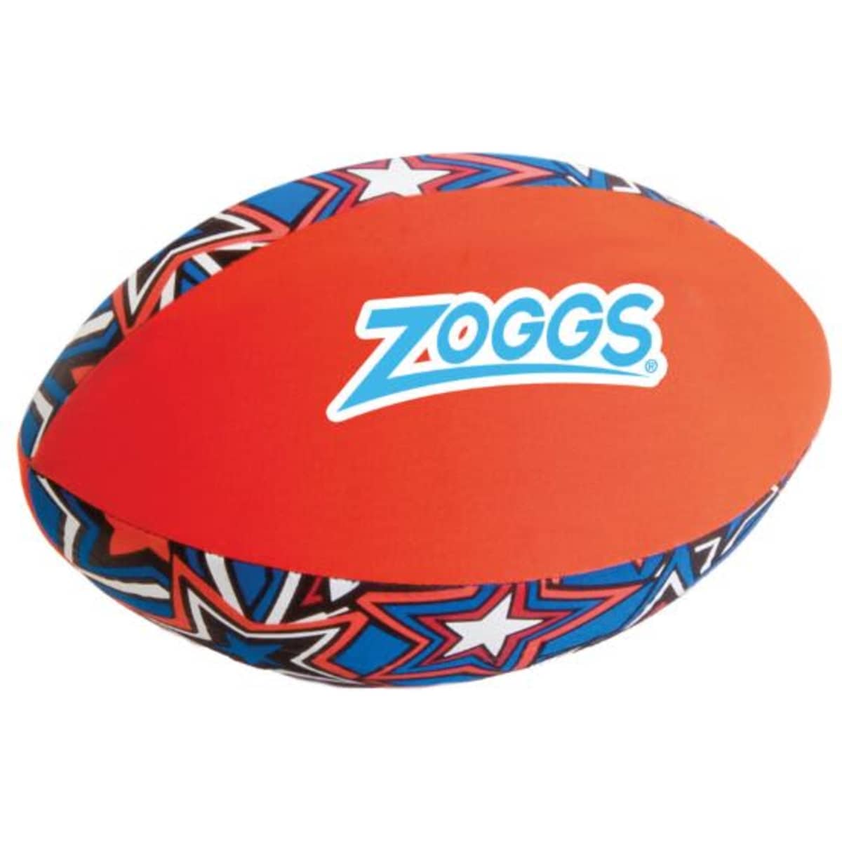 A medium soft rugby ball in orange with a multicoloured star pattern and a logo on the side.