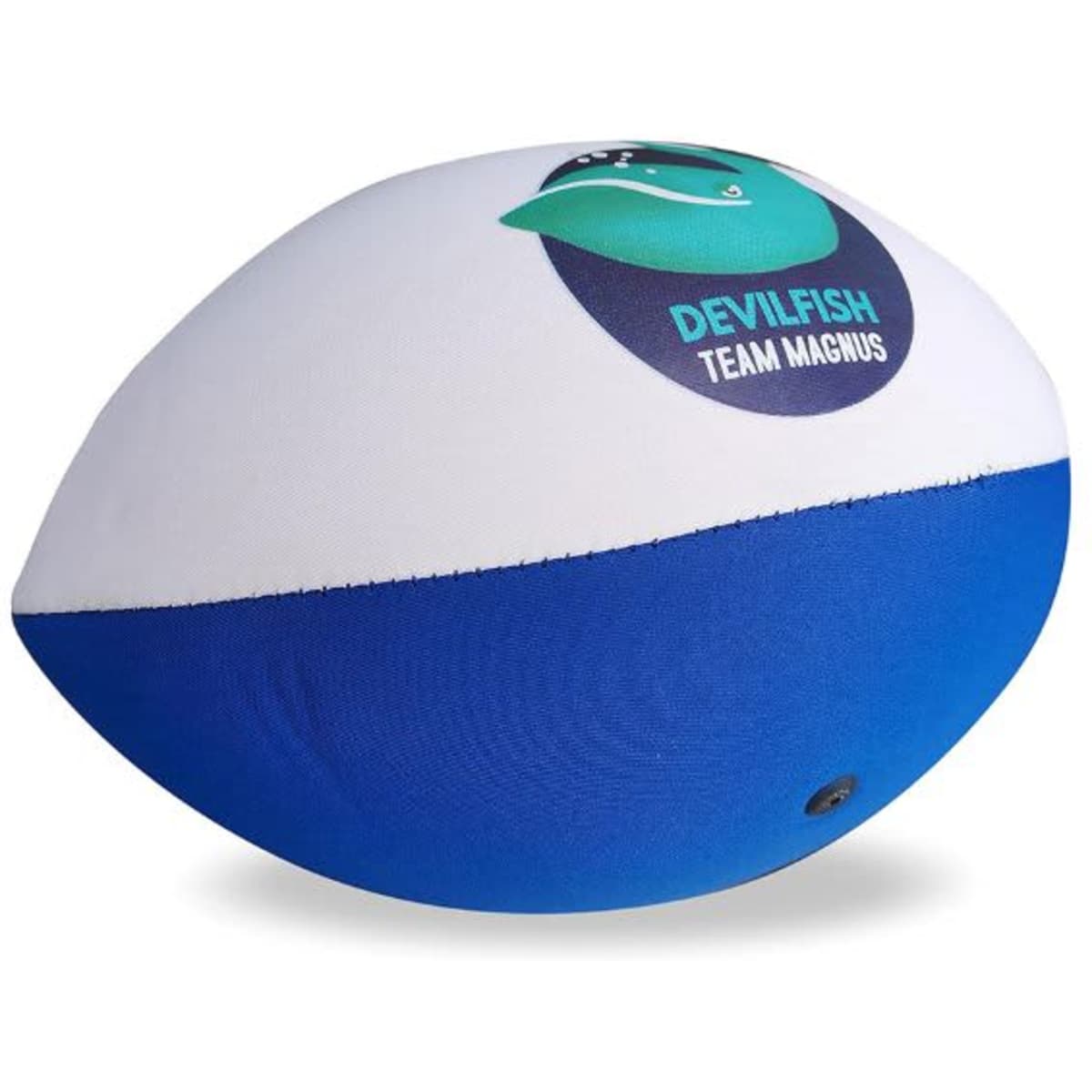 A small soft rugby ball featuring a blue lower half and a white upper half with a logo.