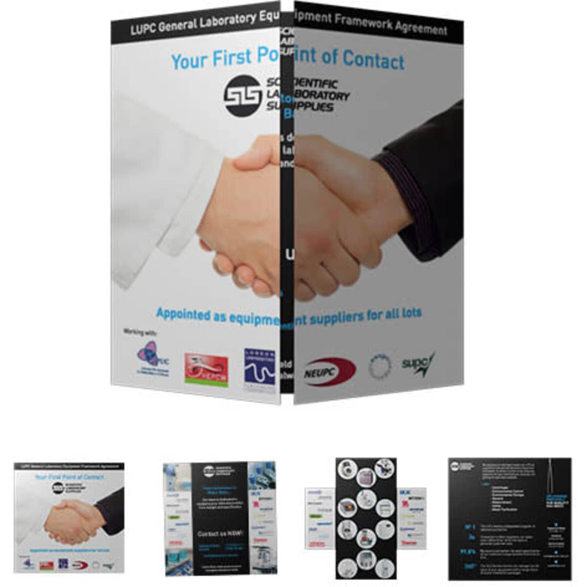 A promotional brochure featuring a handshake on the cover, with various product images and contact information inside.