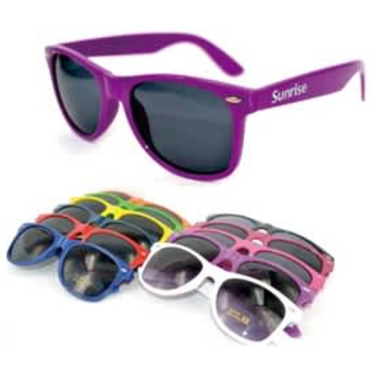 A pair of purple fashion sunglasses with dark lenses, surrounded by various colourful sunglasses in different styles.