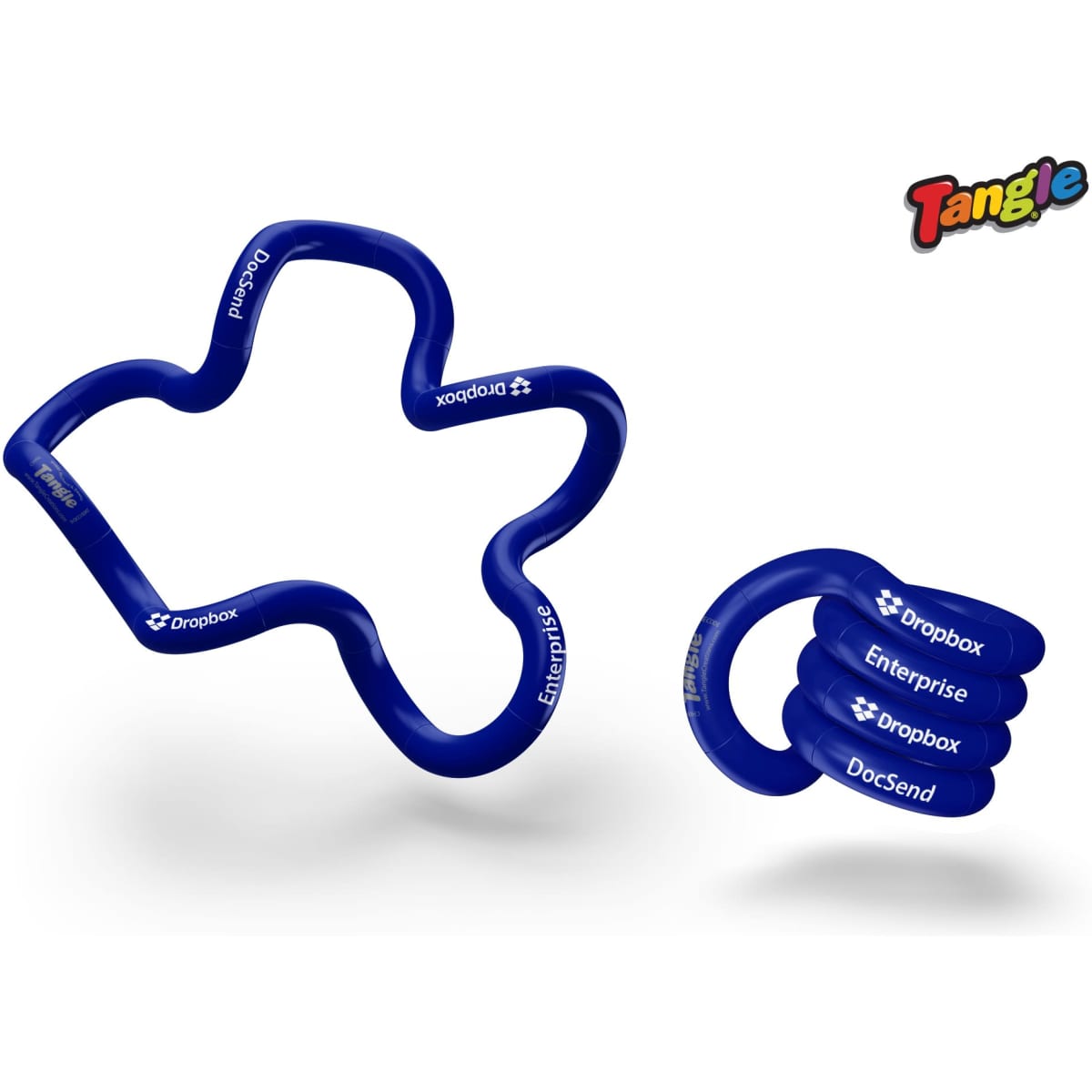 A Tangle product in blue featuring a logo, with a wavy design and separate intertwined sections.