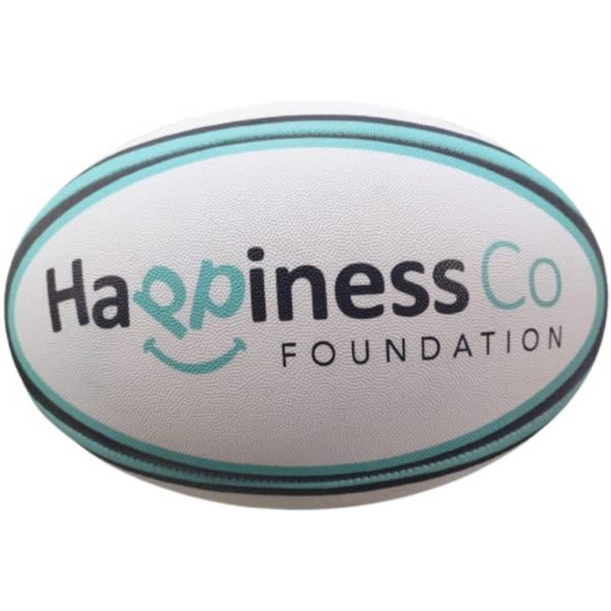 A size 5 training rugby ball in white with teal accents and a logo on the surface.