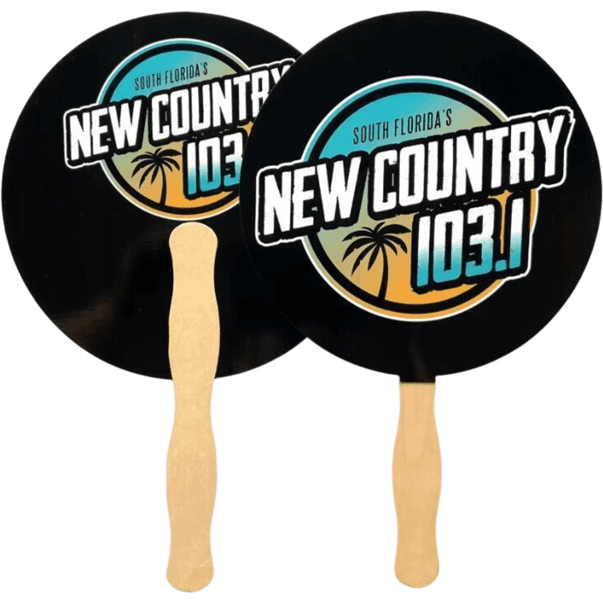 A black cardboard fan with a wooden handle featuring a logo. The fan has a round shape and a colourful design.