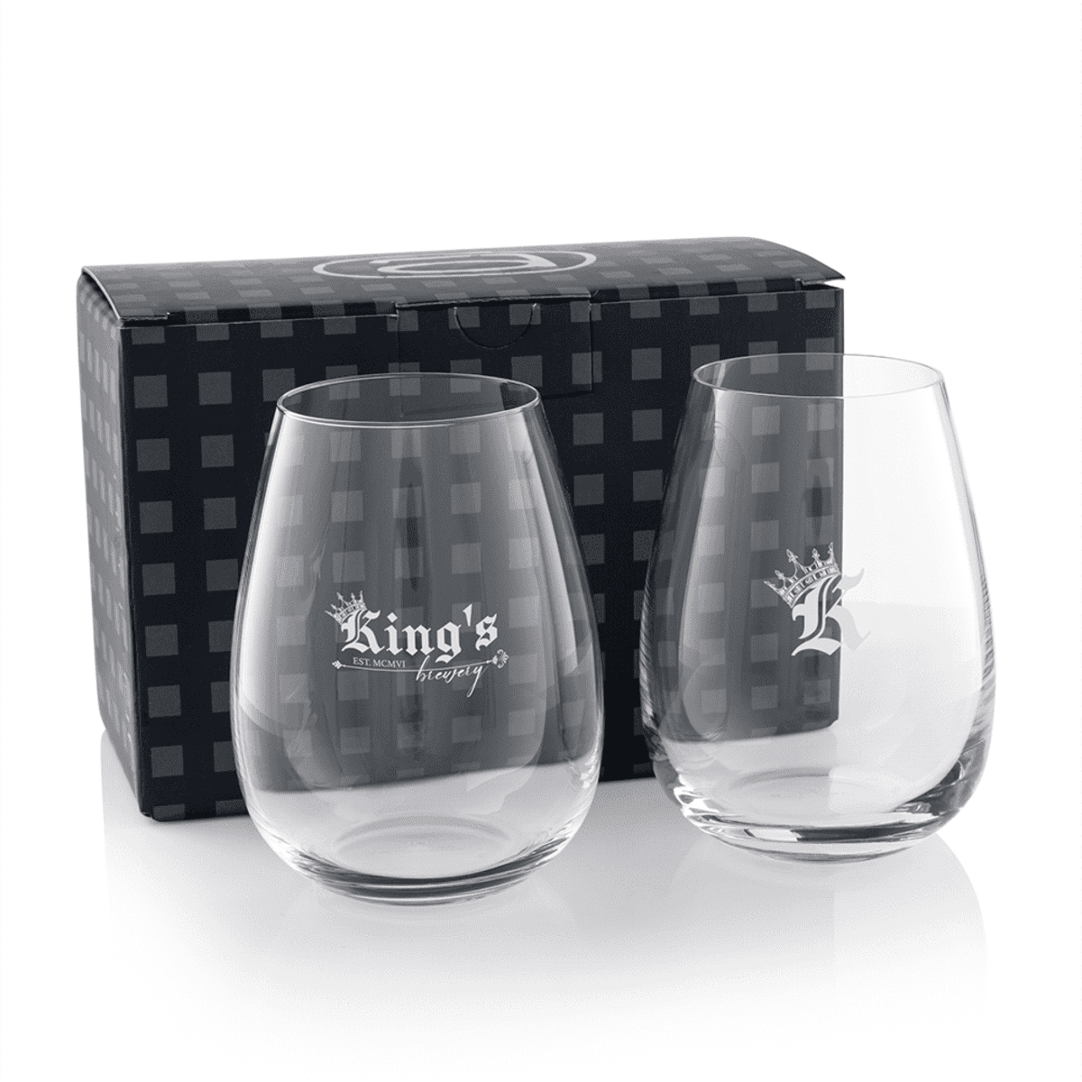 A twin pack of stemless wine glasses, clear glass with a black patterned box and a logo on each glass.