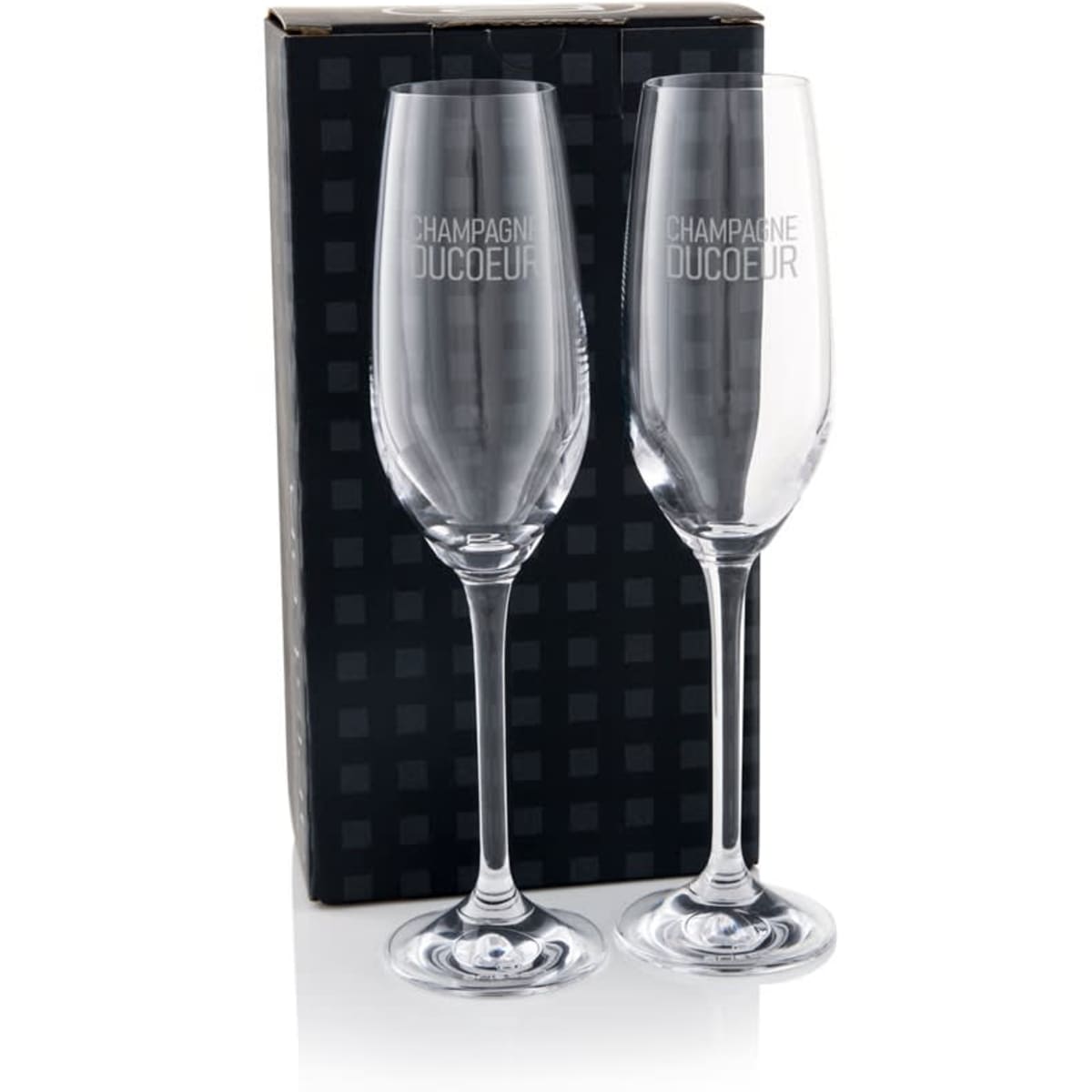 A twin pack of clear champagne flutes in a black box, featuring elegant stemware design and branding.