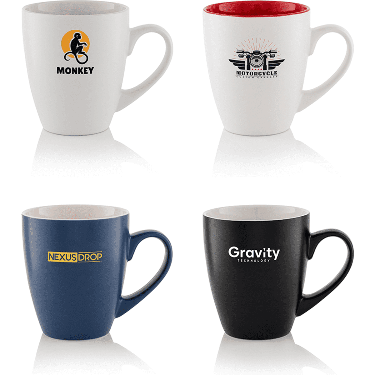 Four mugs in various colours: white with a logo, red inside, blue with a logo, and black with a logo.