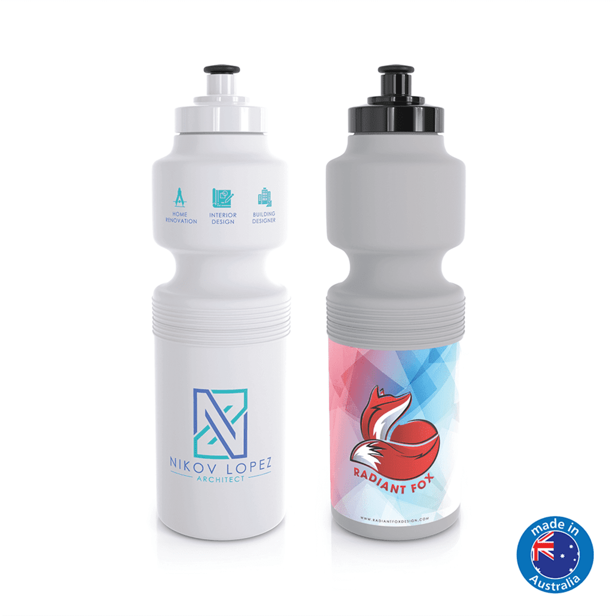 A drink bottle featuring a white body with a black lid and a colourful design on one side, including a logo.