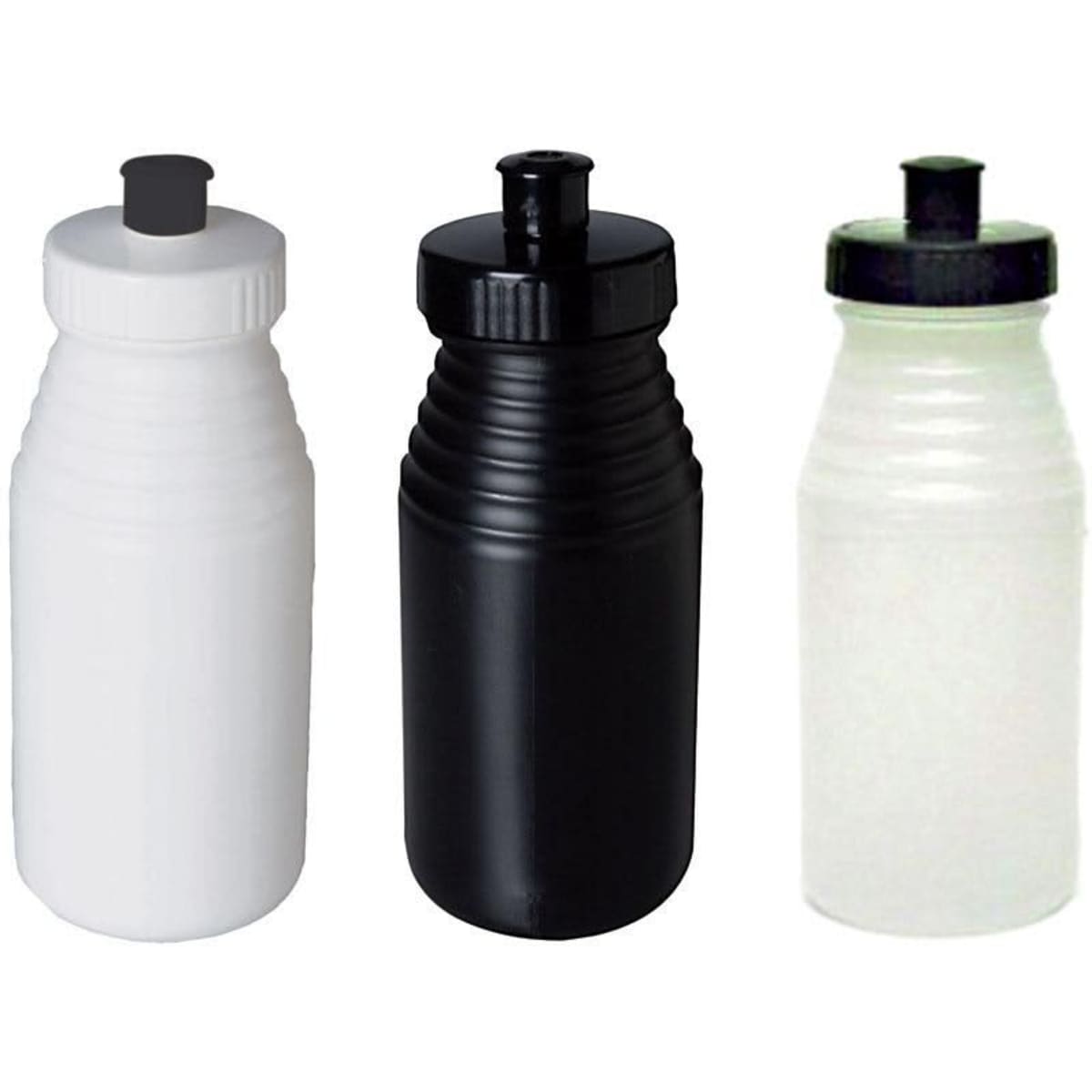 A drink bottle set featuring three 500ml options in white, black, and translucent materials, each with a screw cap.