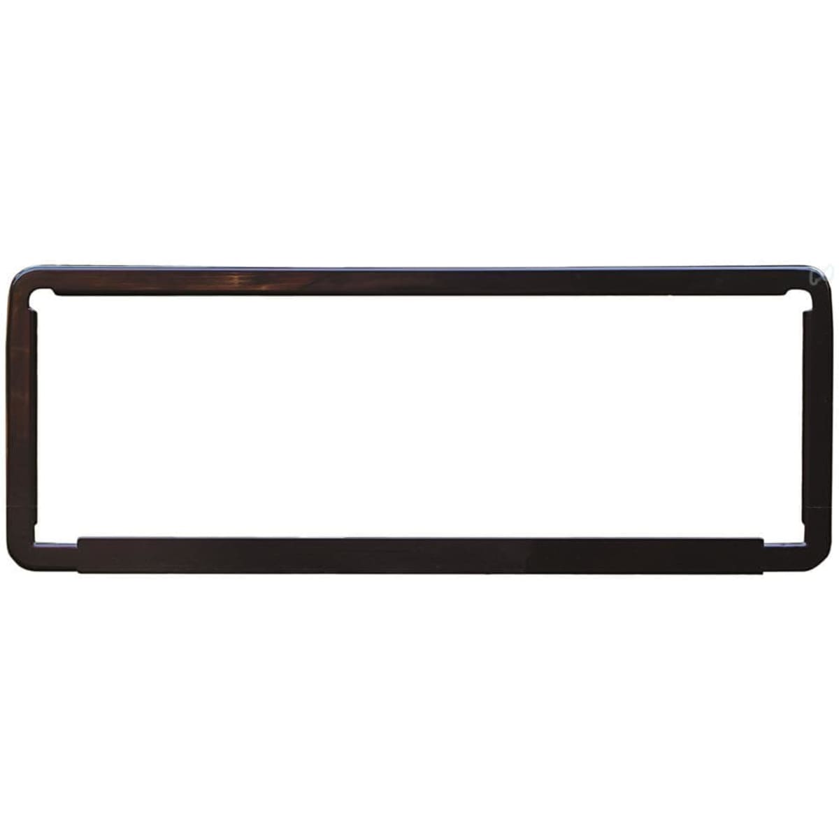 A rectangular product frame in dark brown with rounded edges, featuring a logo.