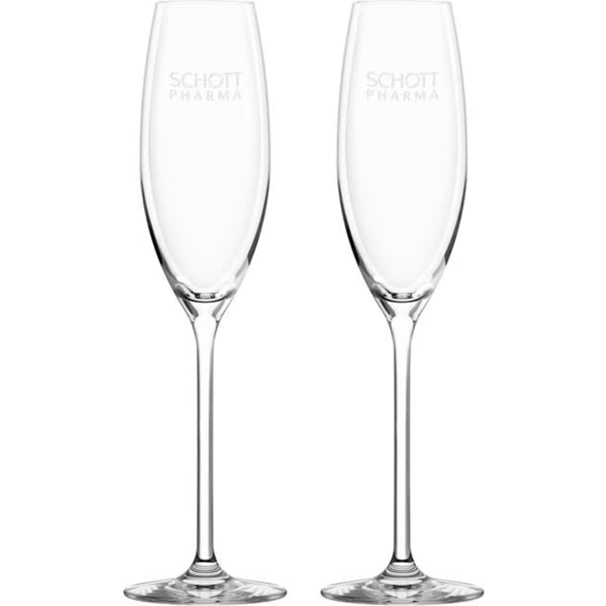 A pair of clear glass flute champagne glasses with slender stems and an etched logo.