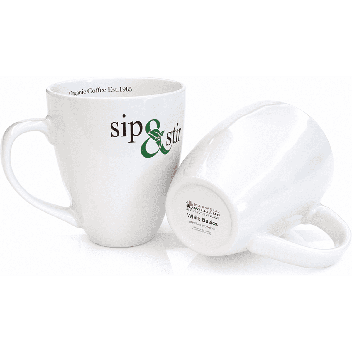 A white ceramic mug with a curved handle, featuring a logo and a glossy finish, on a plain background.