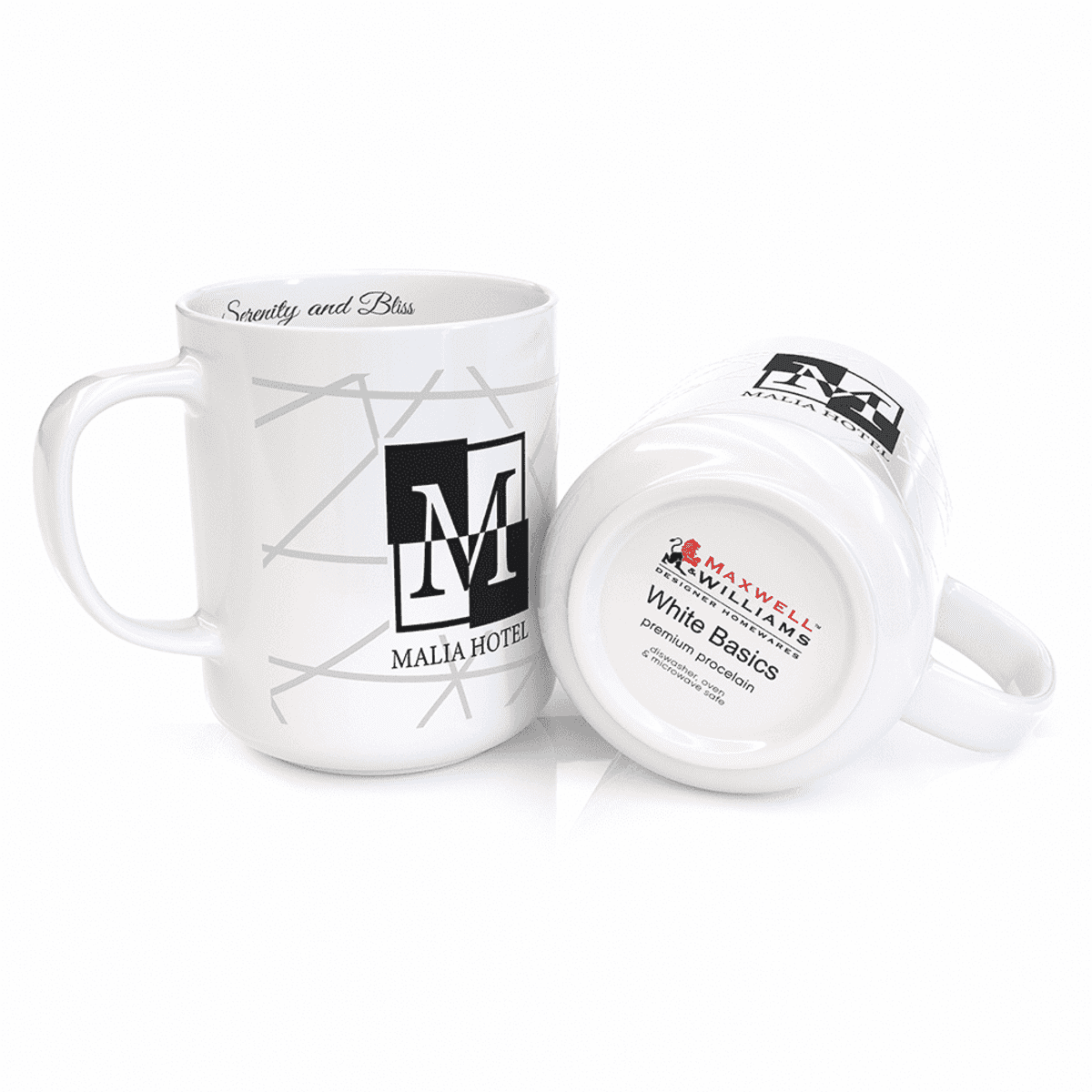 A white coffee mug featuring a logo, shown upright and tipped over, with a glossy finish.