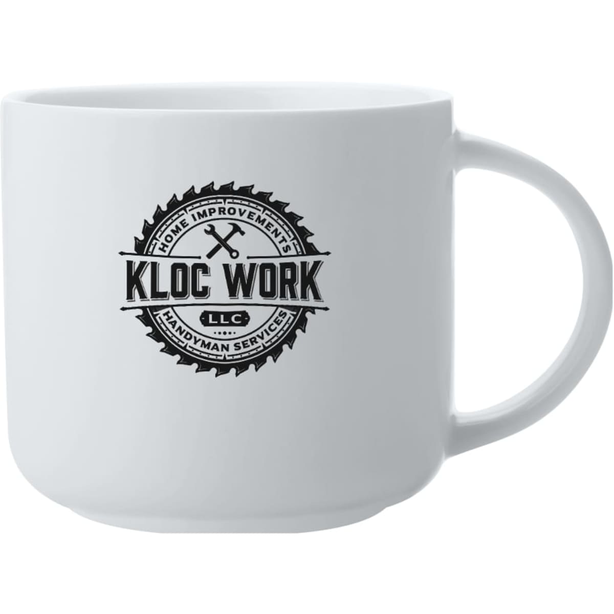 A white coffee mug with a round shape and a logo featuring tools and text.