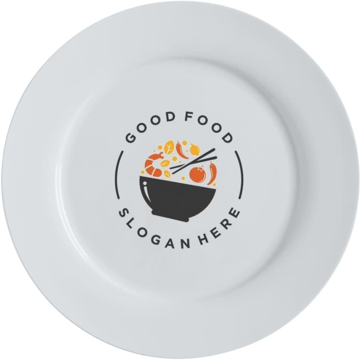 A white rim dinner plate featuring a bowl illustration and text design in the centre. The plate measures 27.5cm in diameter.