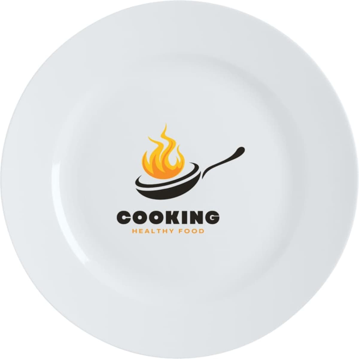 A white entrée plate with a rim featuring a cooking motif and the words "Cooking Healthy Food."