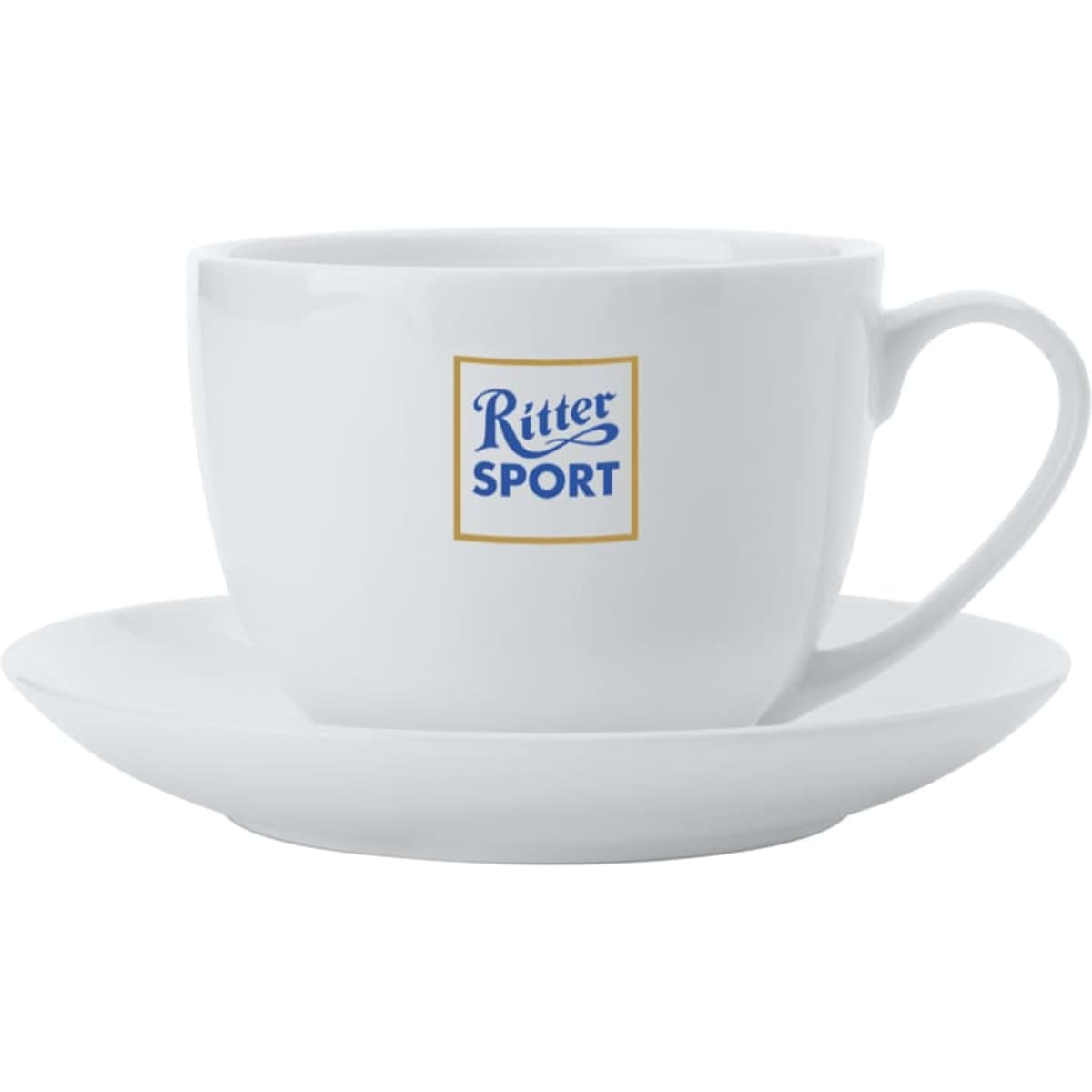 A white bone china cup with a matching saucer, featuring a logo on the cup's surface.