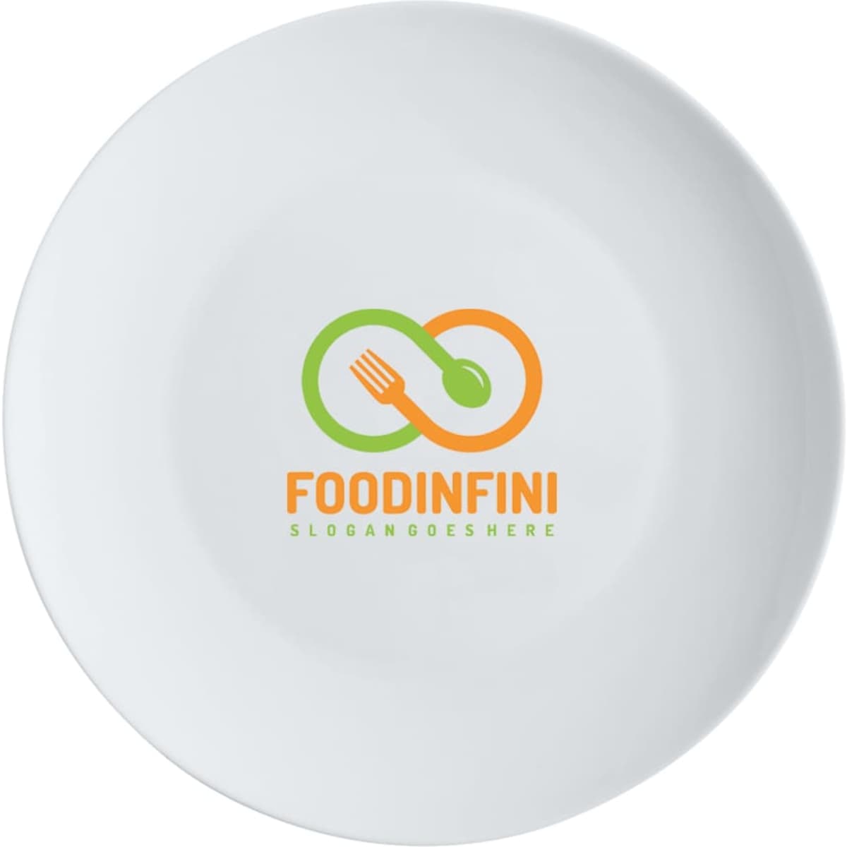 A white coupe entree plate featuring a circular design and a logo in green, orange, and yellow.