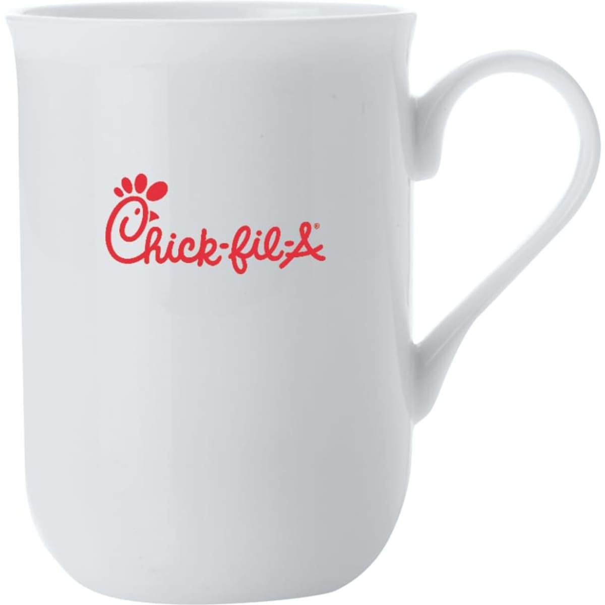 A white bone china mug with a curved handle and a logo on one side.