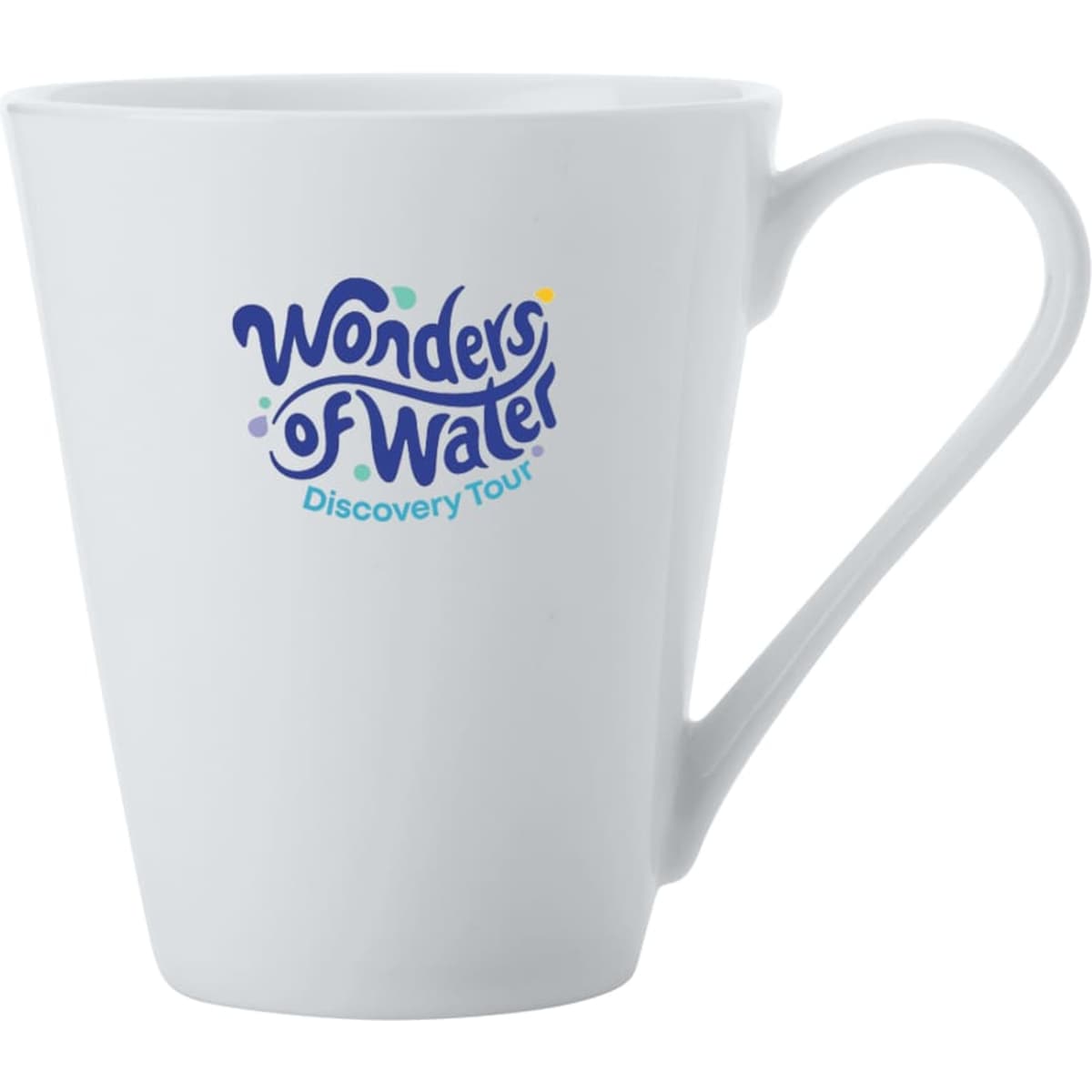 A white conical mug featuring a logo. Ideal for coffee and other hot beverages.