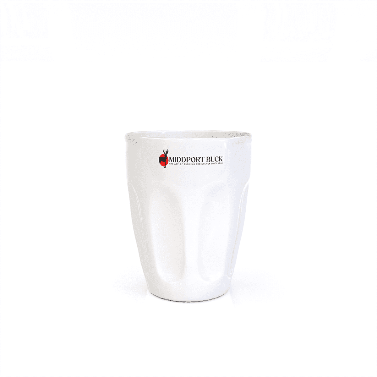 A white latte cup with a smooth finish and a logo on the front. Suitable for coffee beverages.