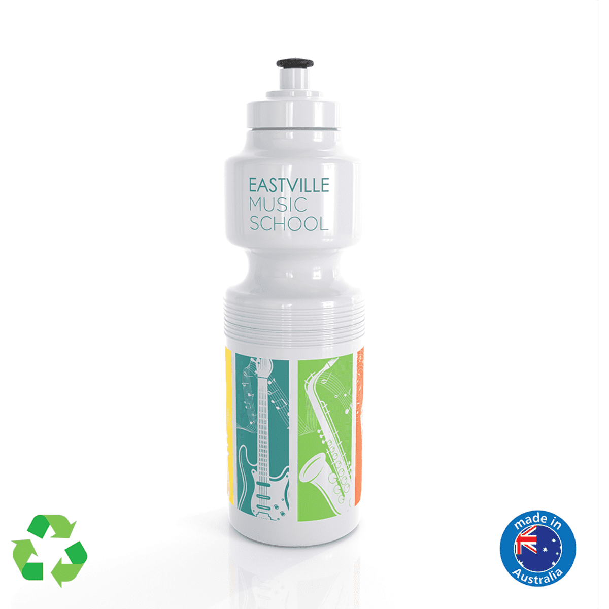 A drink bottle in white with a colourful music-themed design and a logo, featuring a black pull-top.