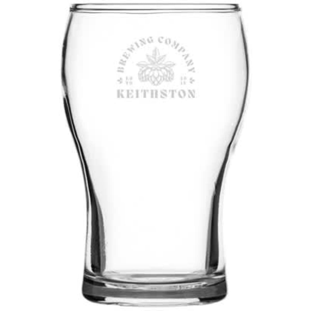 A clear beer glass with a curved design and a logo printed on it. Ideal for serving beverages.