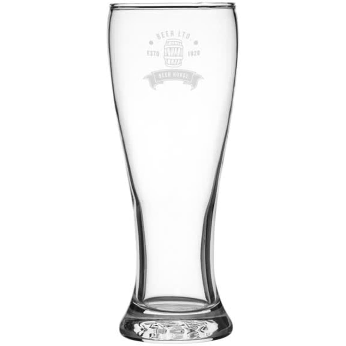 A clear glass beer glass with a curved design and a logo faintly visible near the top.