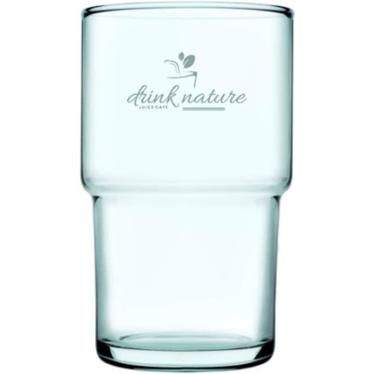 A drink bottle made of clear recycled glass, featuring a slight taper and a logo.