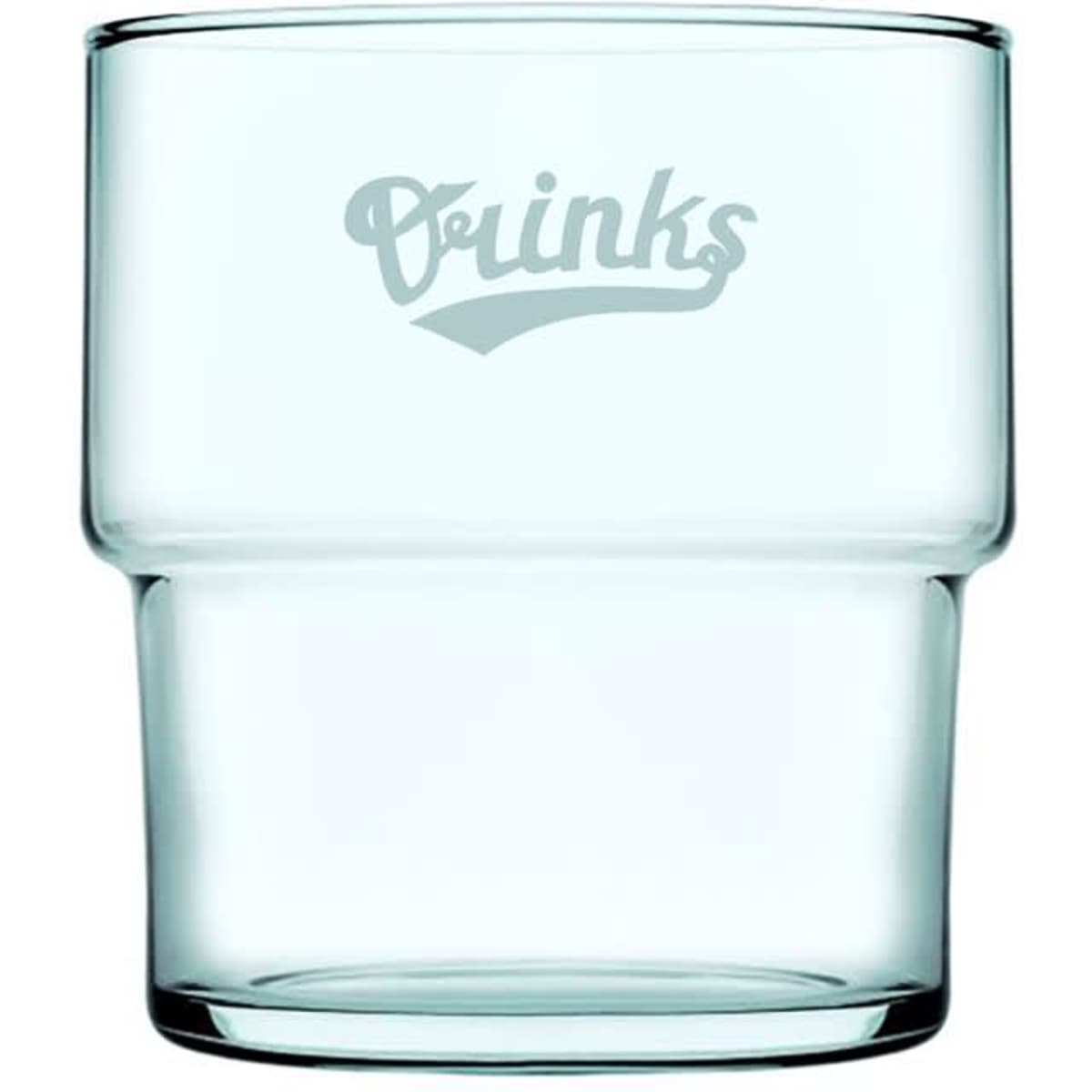 A drink bottle made of clear recycled glass, featuring a curved design with a subtle logo.