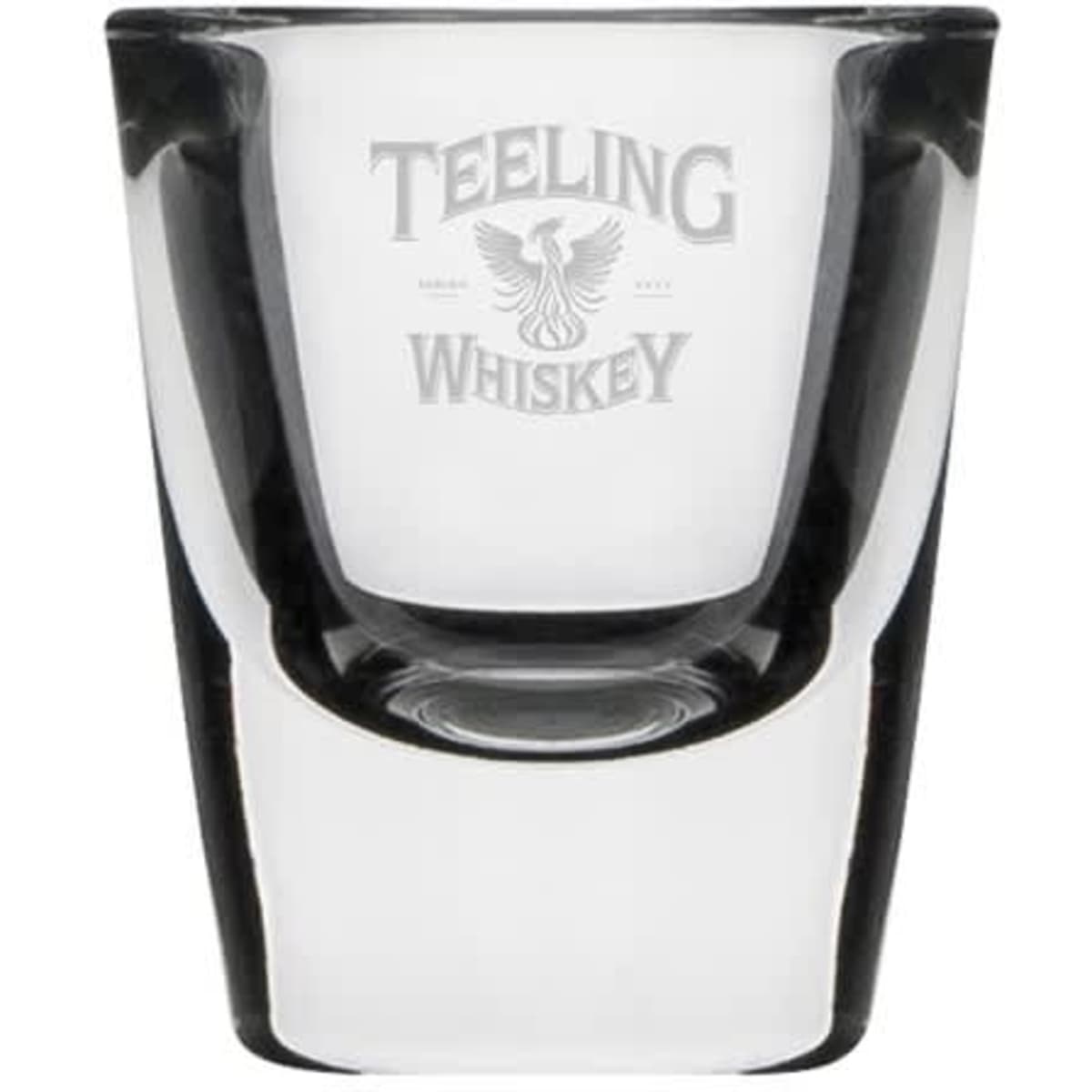 A clear glass shot glass with a logo, featuring a classic design and a smooth finish.