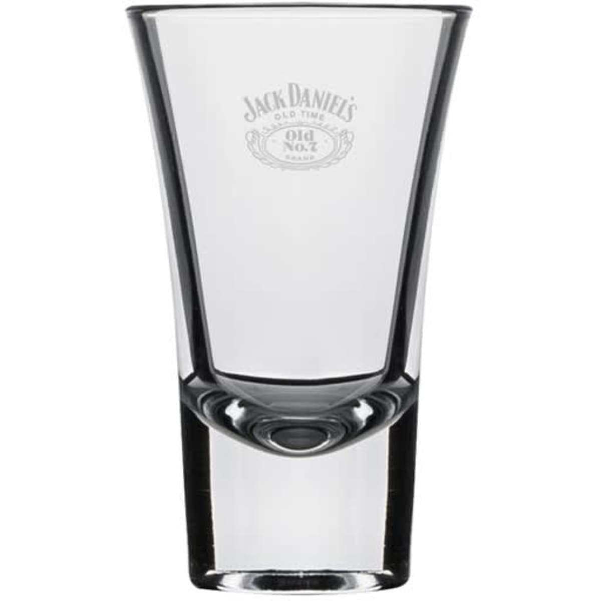 A shot glass in clear glass with a distinct shape and a logo etched on the front.