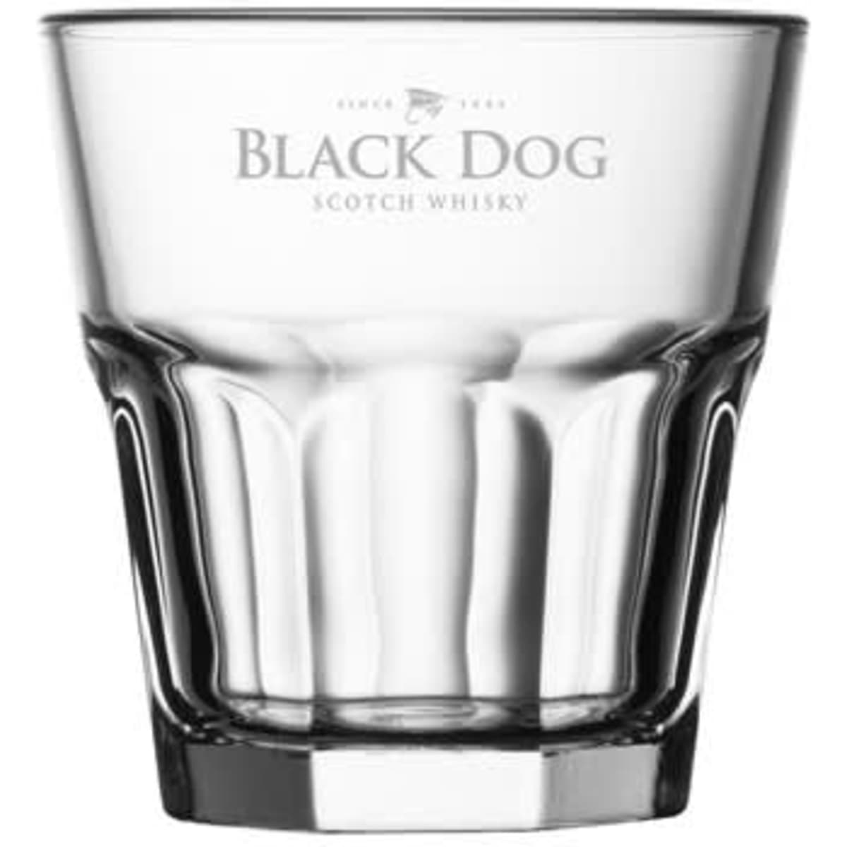 A drink bottle made of clear glass with a thick base and a branded logo for Black Dog Scotch Whisky.