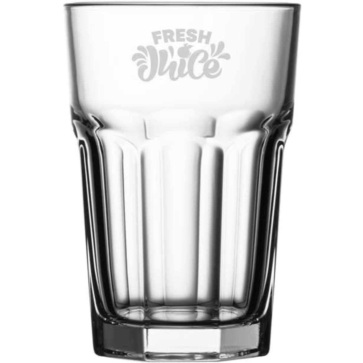A drink bottle made of clear glass with a textured design and a logo at the top featuring the word "Fresh Juice."