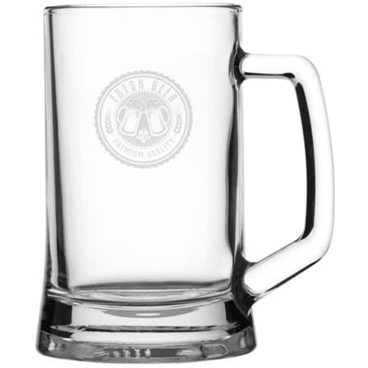 A clear glass beer mug with a sturdy handle, featuring a circular logo on the front.