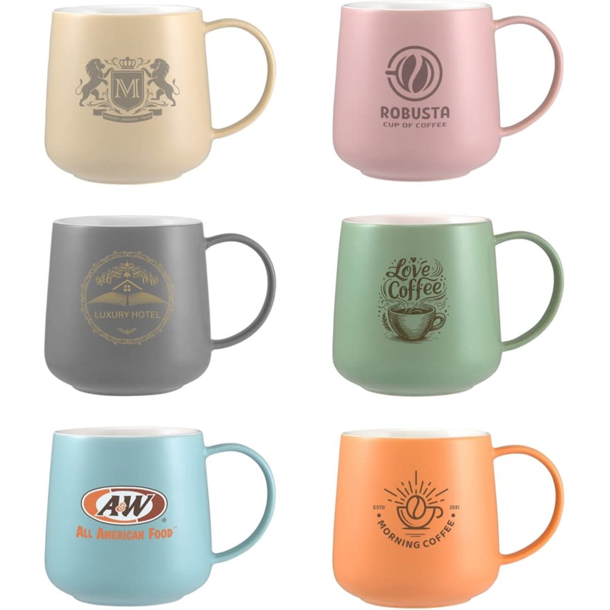 A set of six coffee mugs in pastel colours, featuring various designs and branding on each mug.