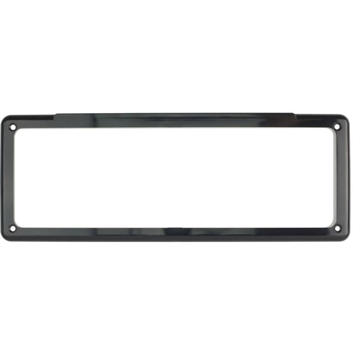 A black license plate frame with rounded edges and mounting holes on each corner. It has no visible logos or text.