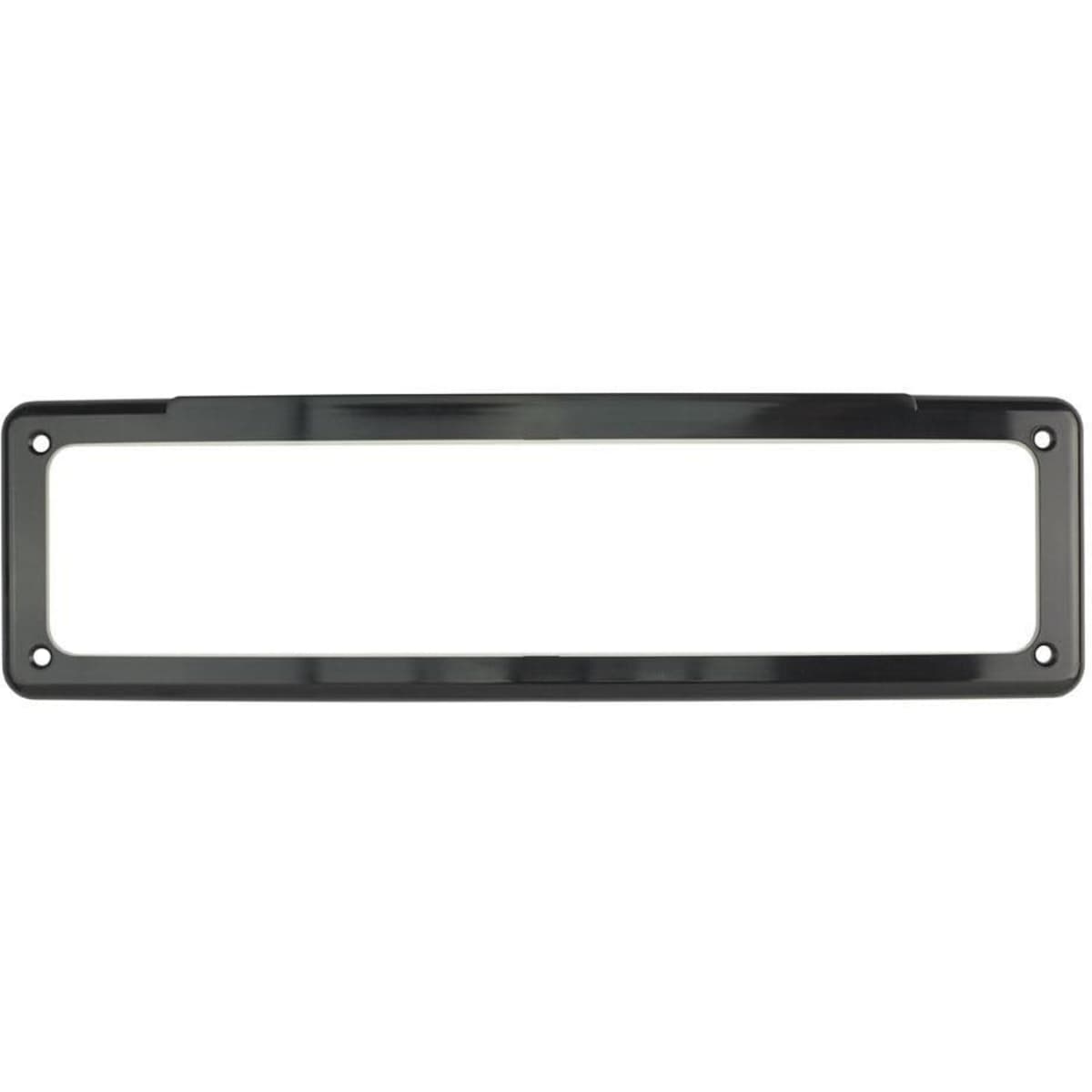 A black number plate holder with a rectangular shape and mounting holes at the corners.