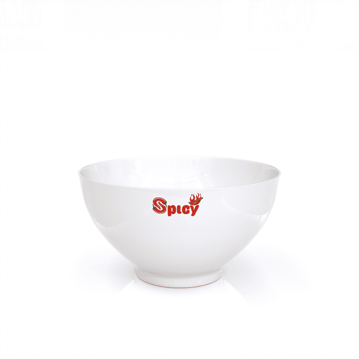 A white rice bowl with a wide, shallow design and a logo on the side.
